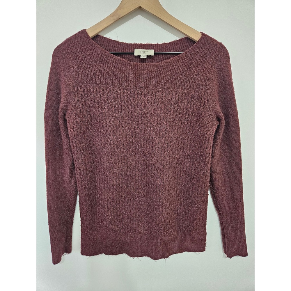 Loft Outlet Womens Burgundy Knit Crewneck Sweater Size‎ S Ribbed Long Maroon